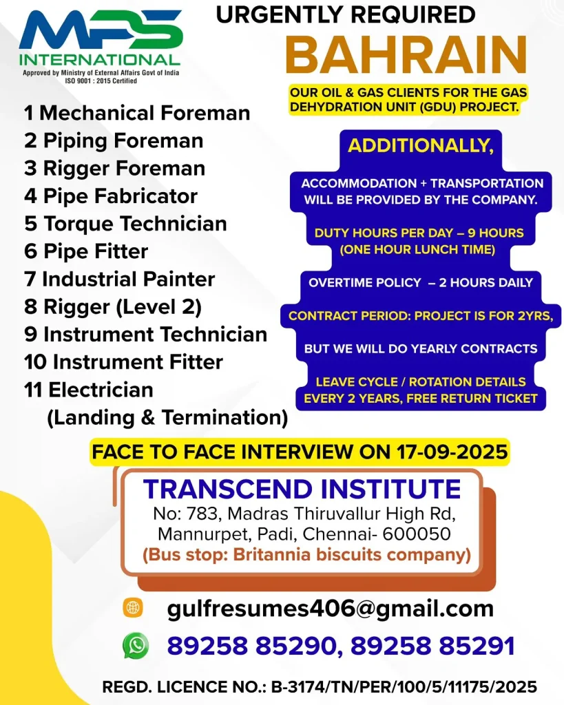 Bahrain Oil & Gas Project Hiring